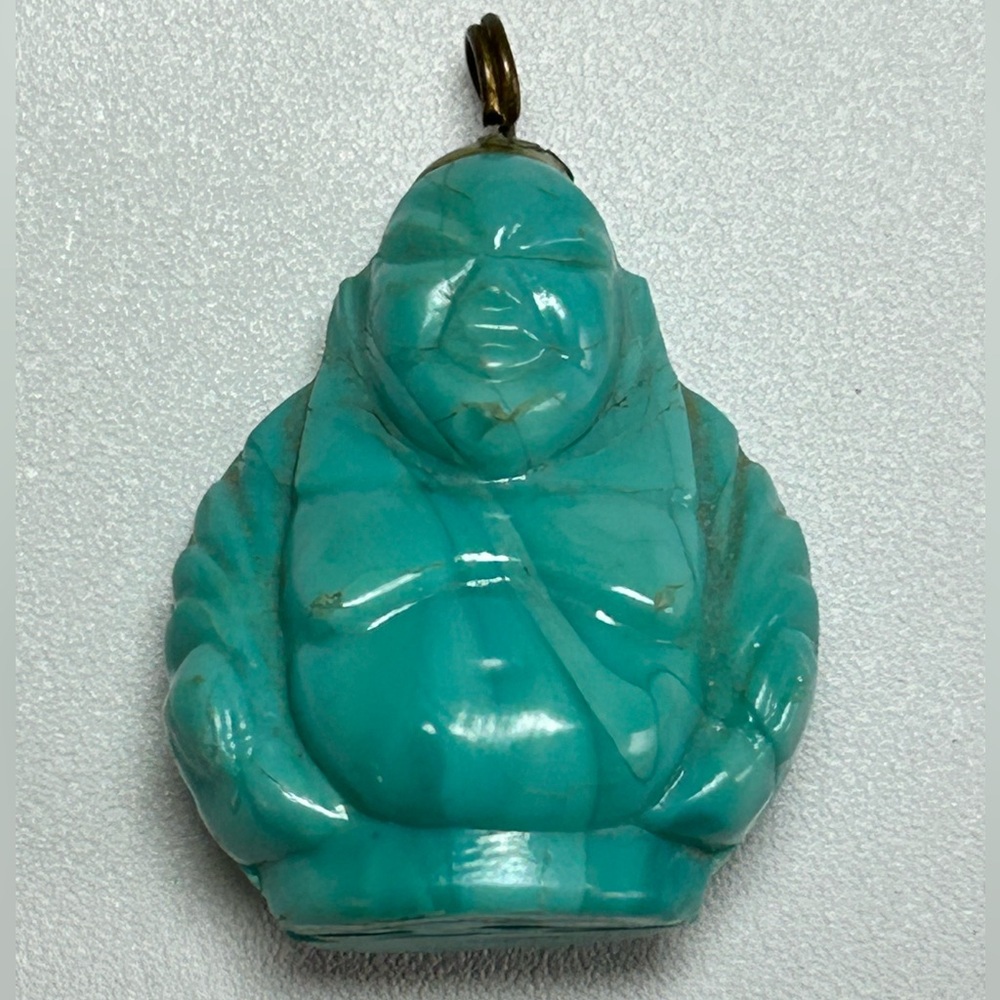 Buddha Pendant Turquoise Blue Molded Resin Happy Smiling Lucky